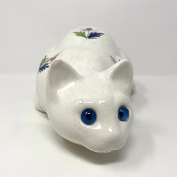 ELPA Alcobaca Ceramic Cat with Glass Blue Glass Eyes Made in Portugal Flowers - Picture 2 of 9